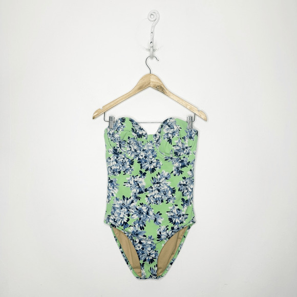 J. CREW Floral Underwire One Piece Swimsuit Green Strapless classic A8780 size 8 - Picture 1 of 8